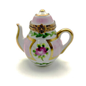 Limoges France Miniature Teapot Trinket Box Peint Main Porcelain Floral
